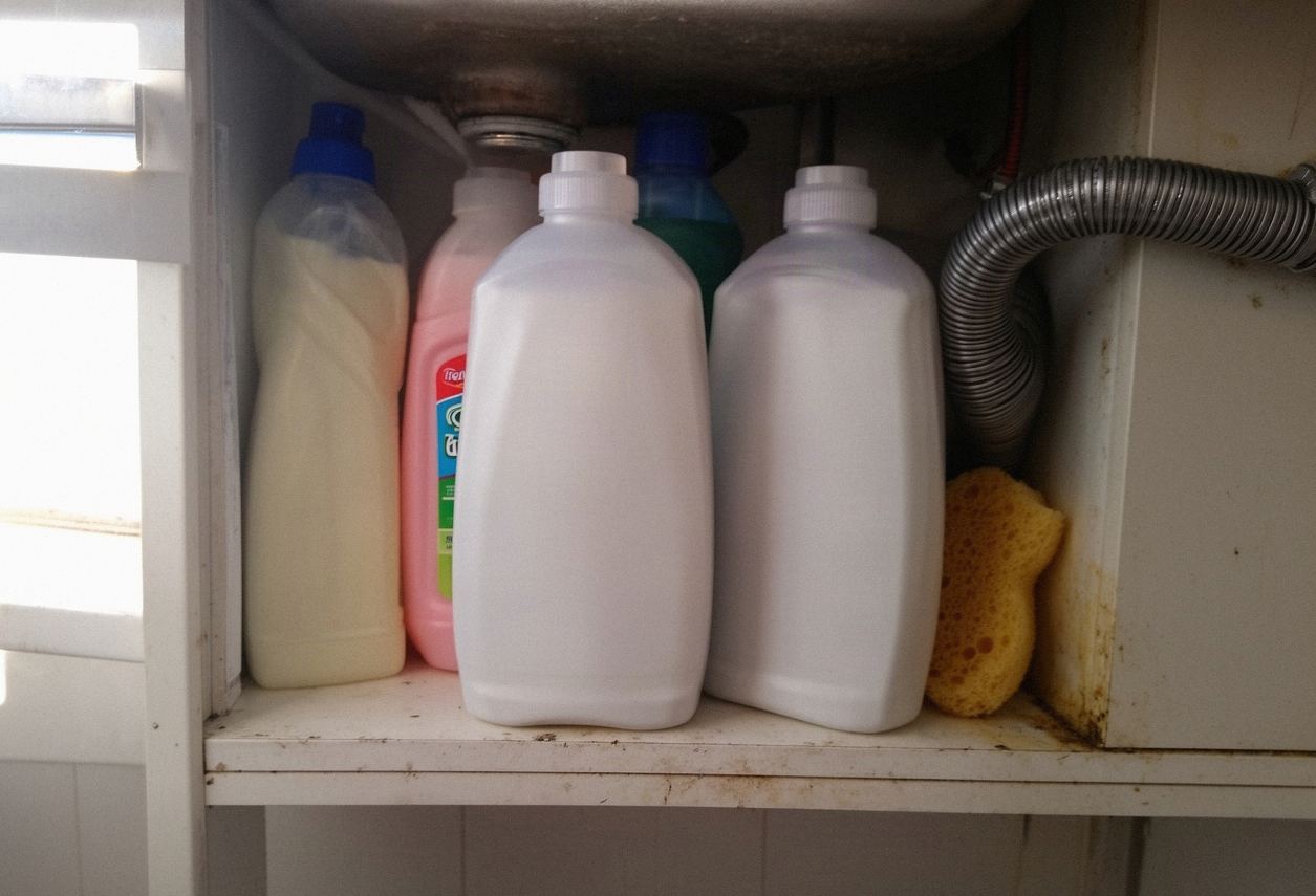 Plastikowe butelki środków czystości w szafce pod zlewem
